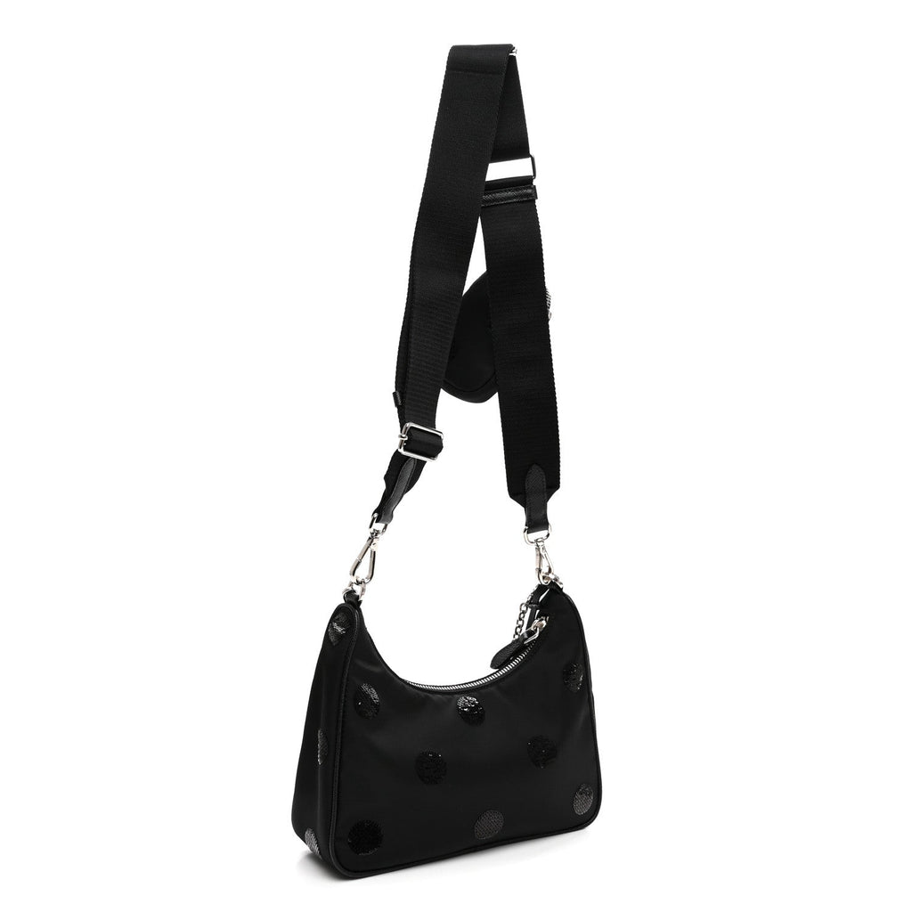 Prada Nylon Sequin Embellished Polka Dot Re-Edition 2005 Shoulder Bag Black