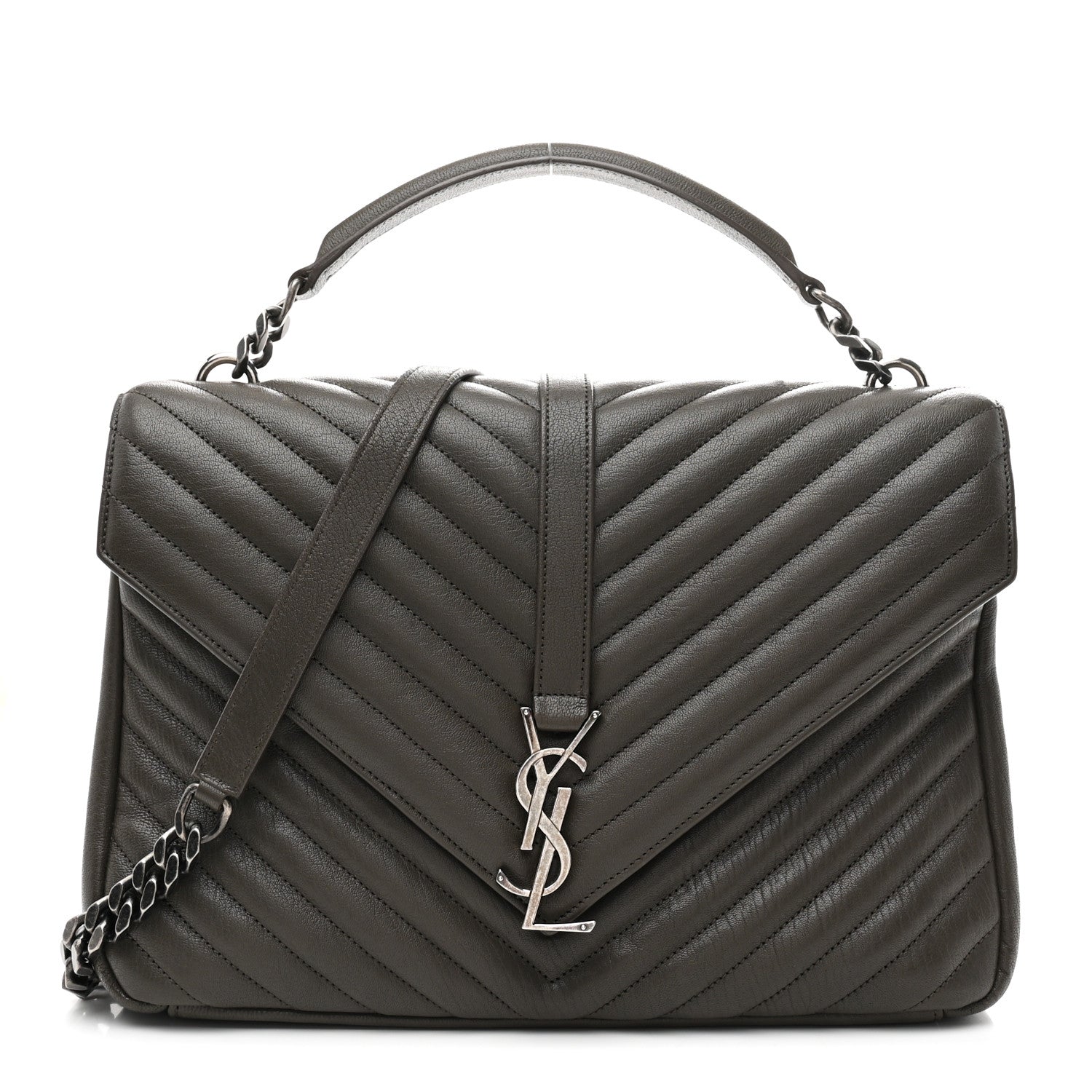 Saint Laurent Sheepskin Matelasse Chevron Monogram Large College Satchel Dark Anthracite