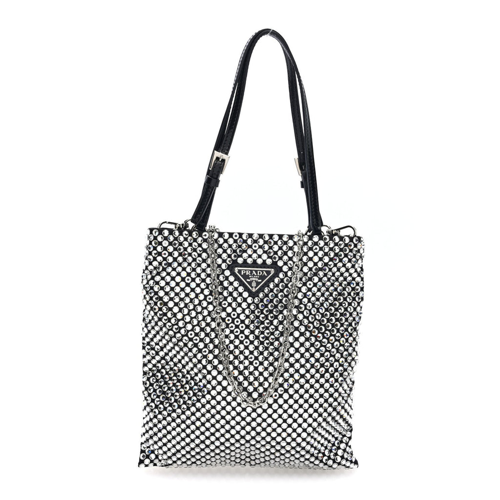 Prada Satin Crystal Metal Triangle Logo Chain Crossbody Handbag Cristal