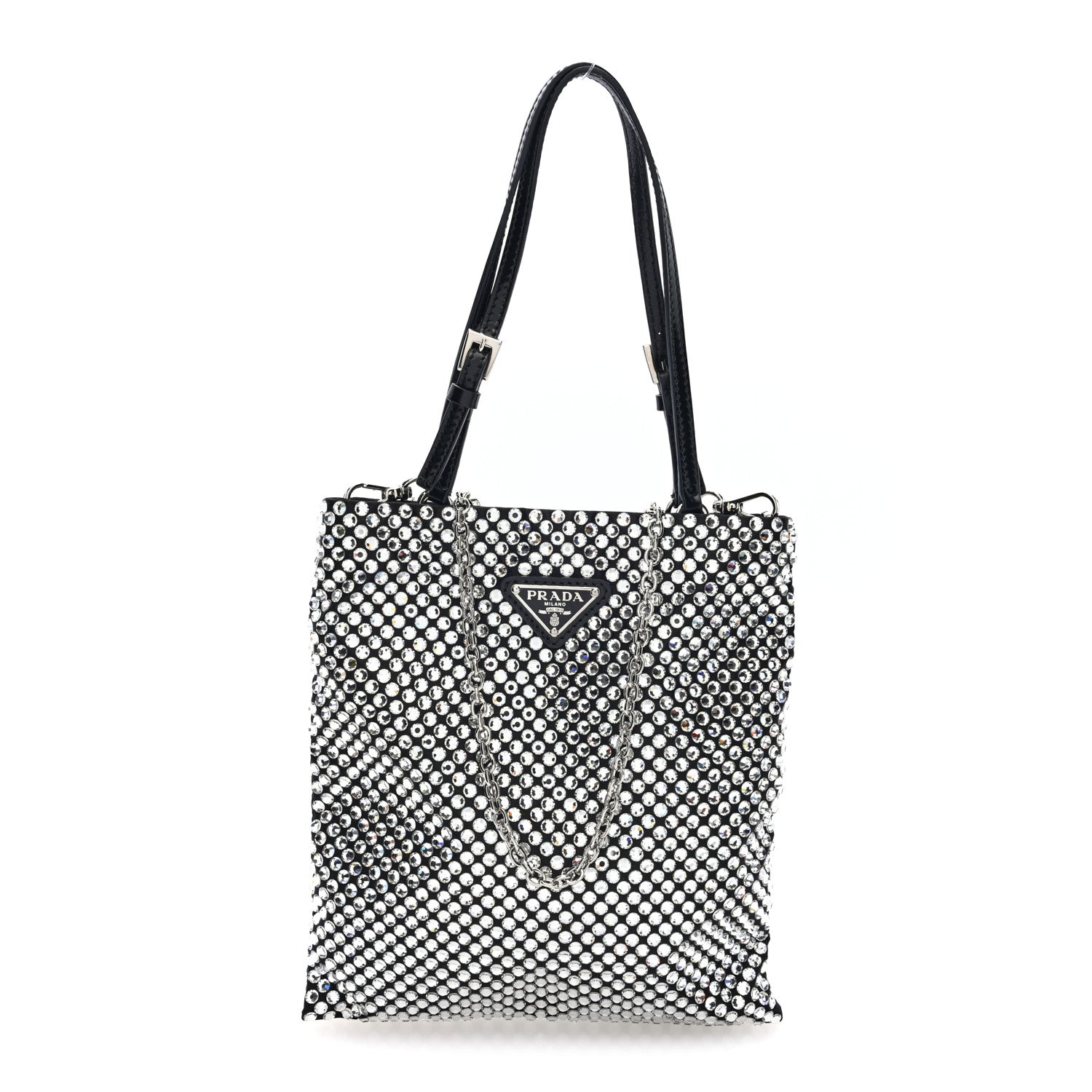 Prada Satin Crystal Metal Triangle Logo Chain Crossbody Handbag Cristal