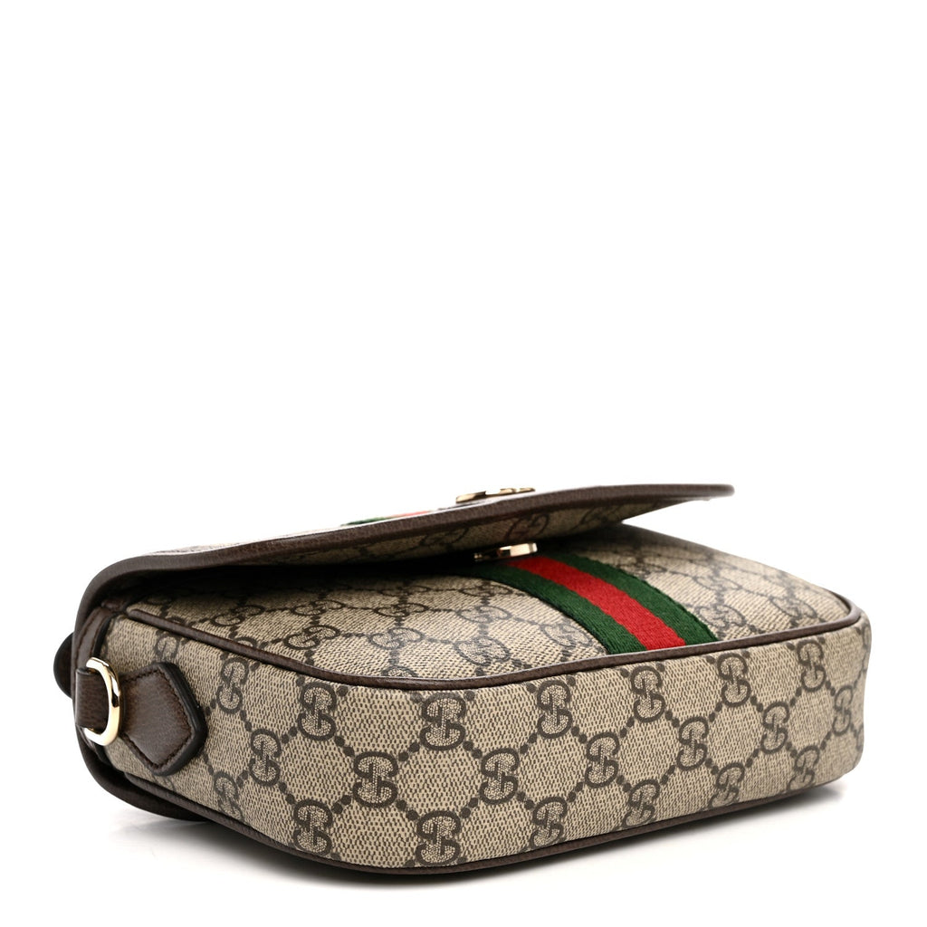 Gucci GG Supreme Monogram Textured Dollar Calfskin Small Ophidia Top Handle Shoulder Bag Beige Brown