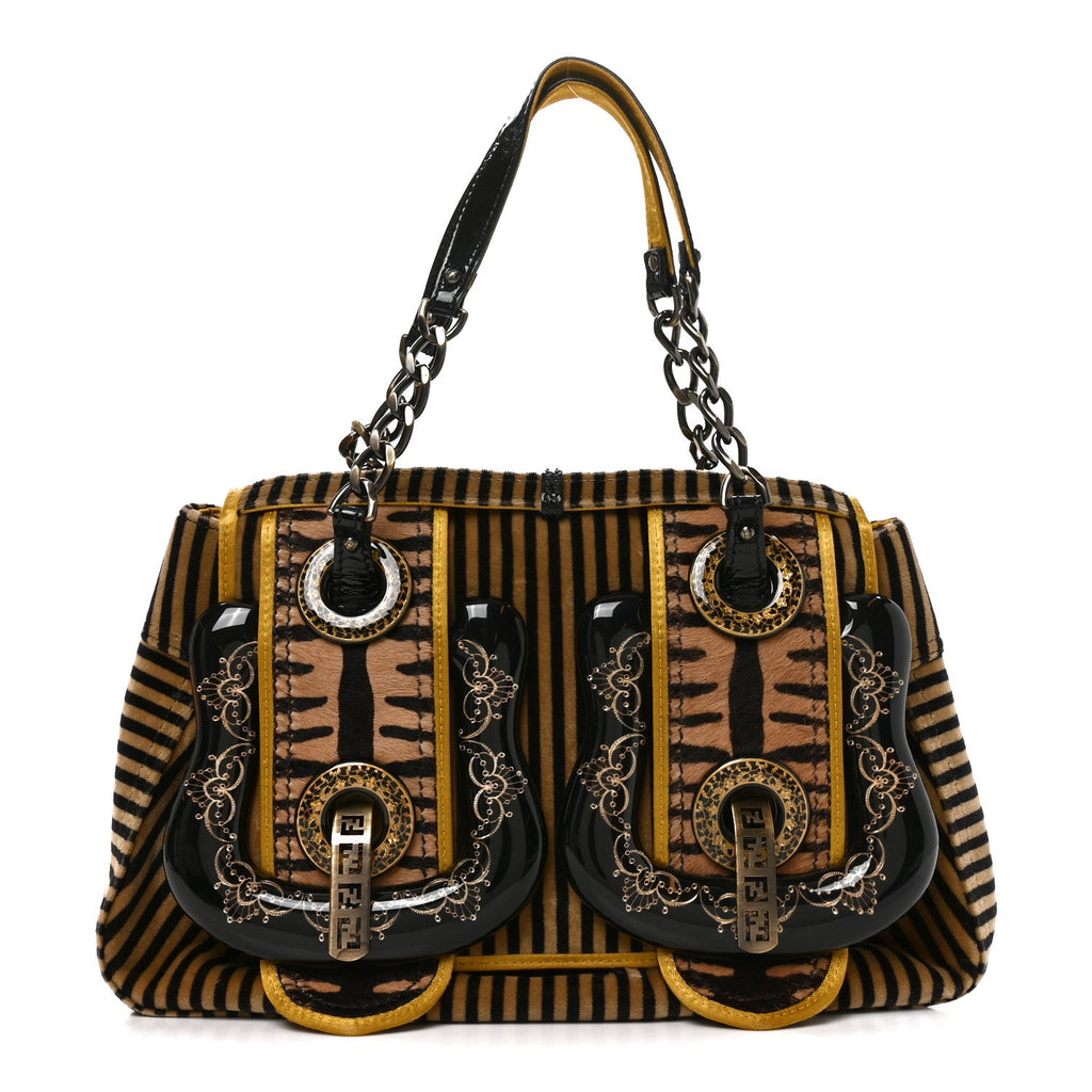 Fendi Velvet Calf Hair Pequin B Bag Tan Black