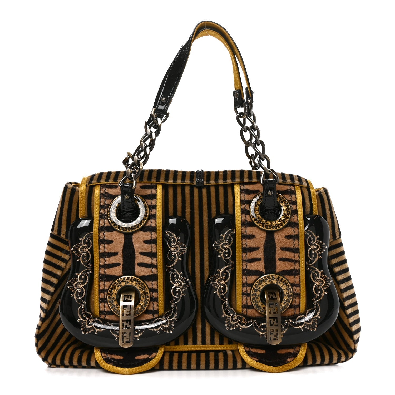 Fendi Velvet Calf Hair Pequin B Bag Tan Black