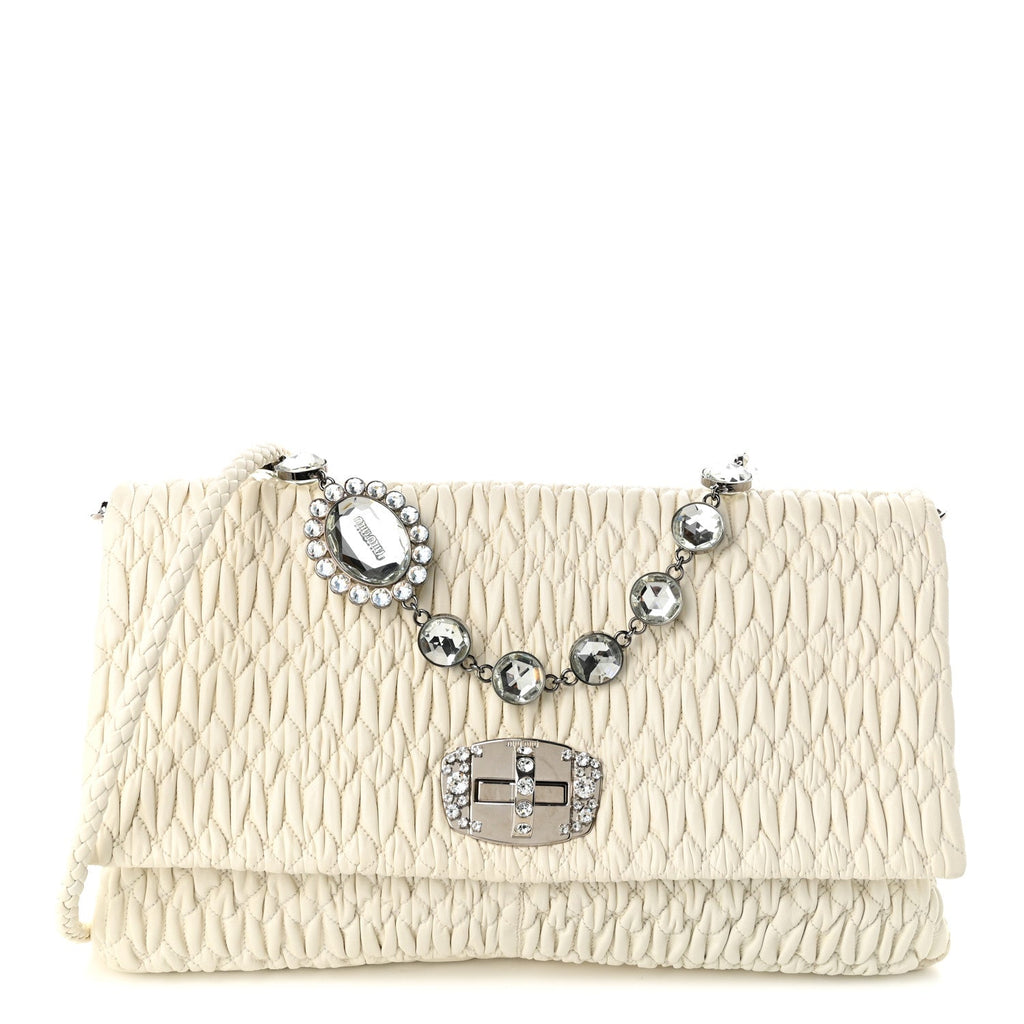 Miu Miu Nappa Matelasse Crystal Flap Clutch White