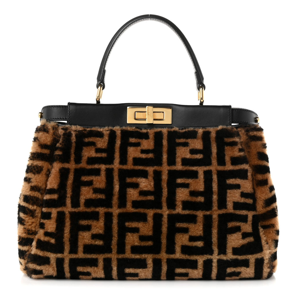 Fendi Shearling Vitello Vernice Mou Pequin Striped Medium Peekaboo Iconic Satchel Tobacco Black
