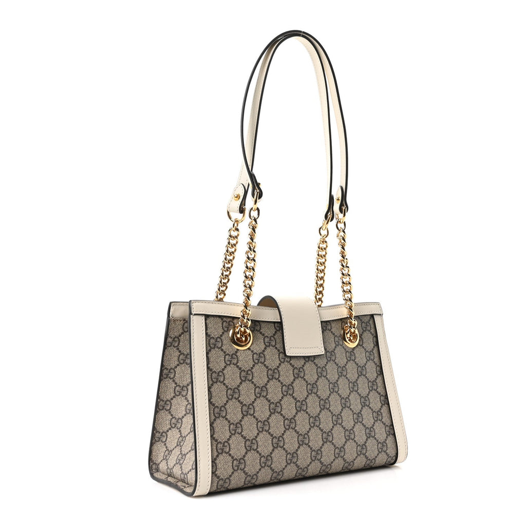 Gucci GG Supreme Monogram Moon Calfskin Small Padlock Tote Beige Ebony Mystic White
