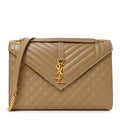 Saint Laurent Grain De Poudre Mixed Matelasse Large Triquilt Monogram Satchel Dark Latte