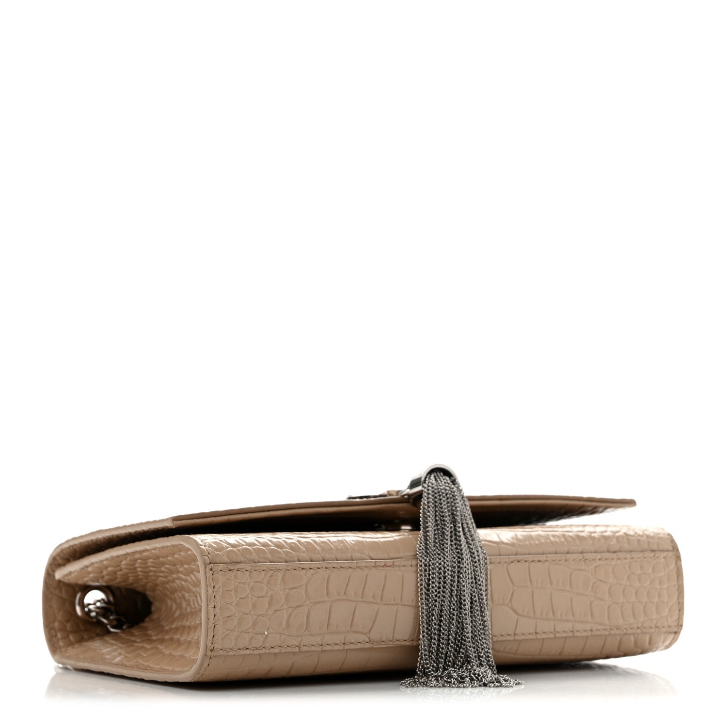 Saint Laurent Calfskin Crocodile Embossed Small Classic Monogram Kate Tassel Satchel Beige