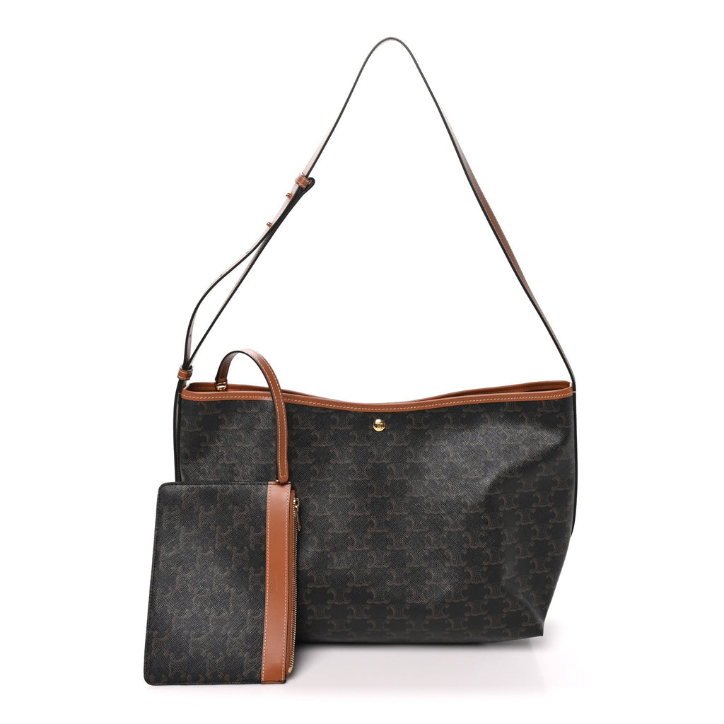 Celine Triomphe Canvas Calfskin Shopper Tote Tan