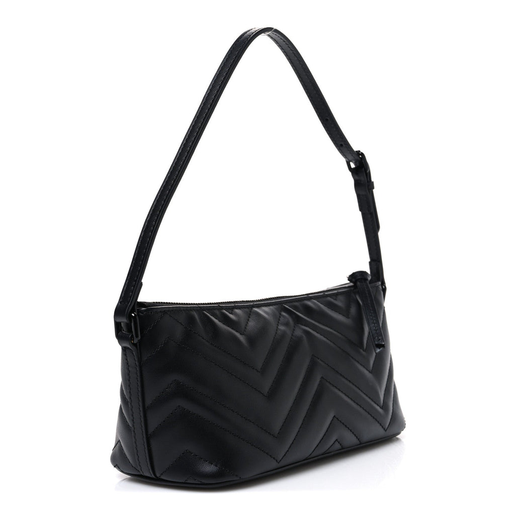 Gucci Calfskin Matelasse Chevron Monochrome GG Marmont Sling Shoulder Bag Black