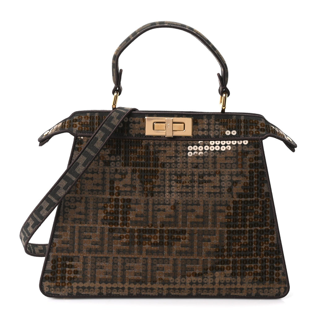 Fendi Fabric Jacquard Paillettes Vitello Seta FF 1974 Medium Peekaboo I SEE U Satchel Tobacco Moro