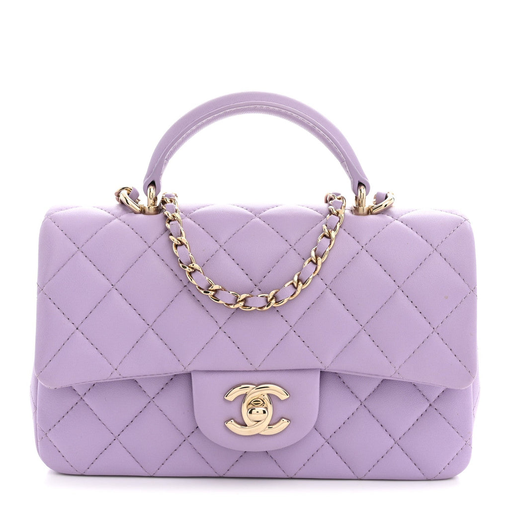 Chanel Lambskin Quilted Mini Top Handle Rectangular Flap Light Purple