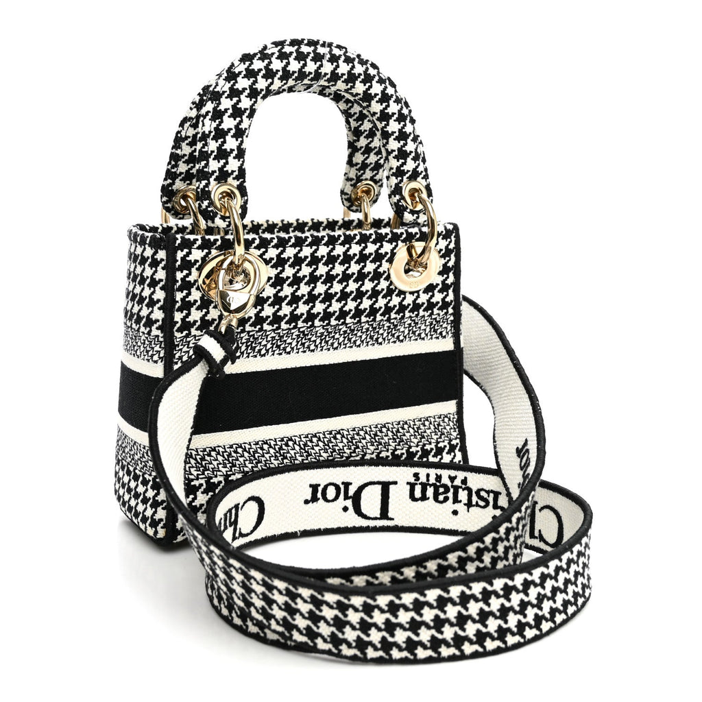 Dior Canvas Houndstooth Embroidered Mini Lady D-Lite Black White