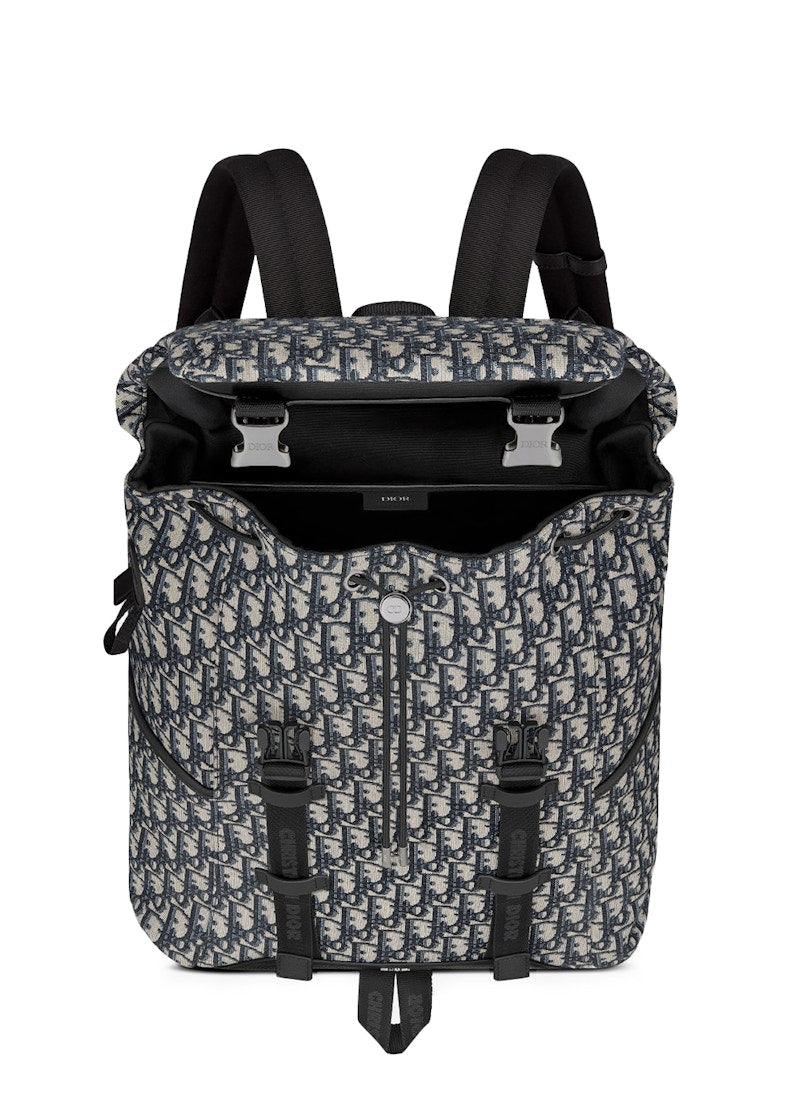 Open/interior view — Dior Men's Explorer Backpack in Dior Oblique jacquard with double clip-buckle front flap and interior compartment
