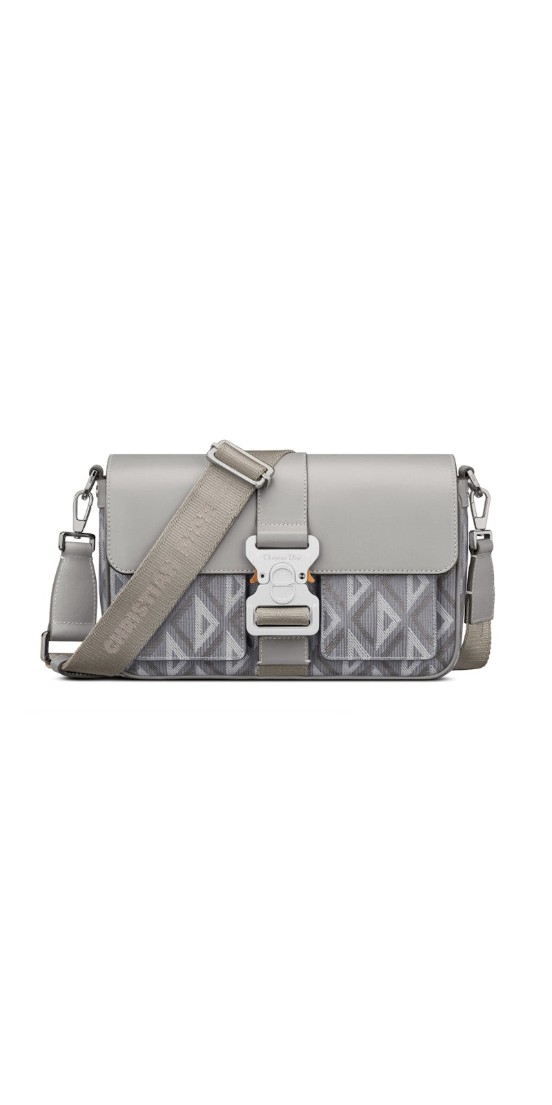 Front view — Dior Men's Hit the Road Shoulder Bag in Diamond CD jacquard grey with 'Christian Dior' clip-buckle flap and adjustable strap