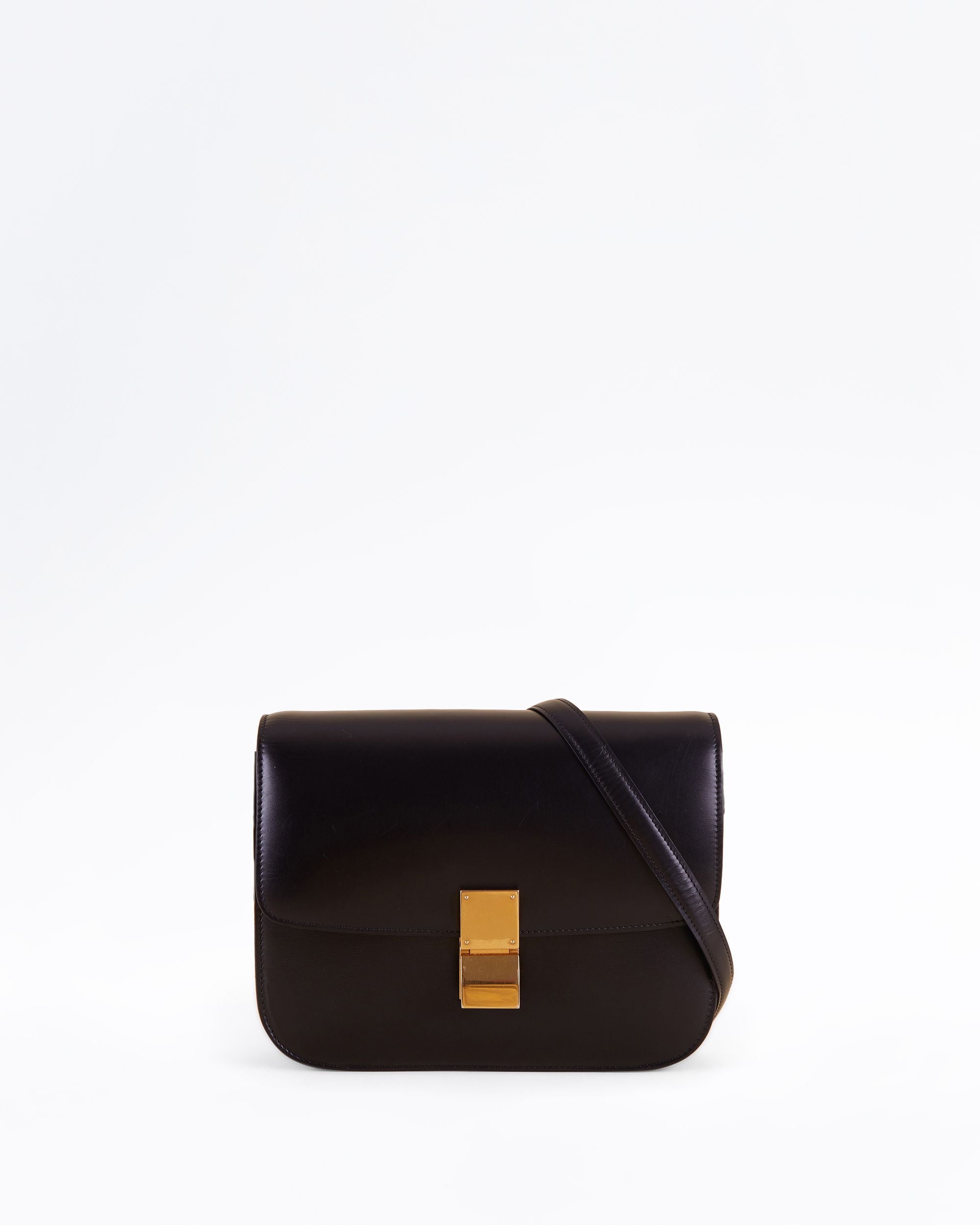 Celine Classic Box Medium Bag black calfskin front view