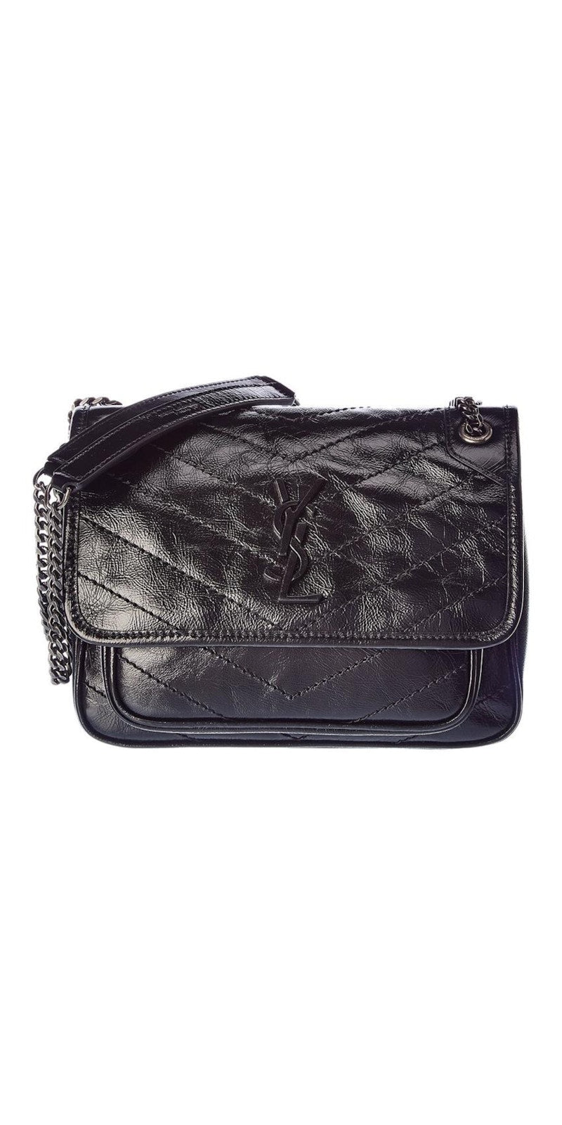 Front view — Saint Laurent Niki Baby Shoulder Bag in black crinkled vintage calfskin with dark silver chain strap