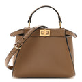 Fendi Vitello Seta Fabric Jacquard FF 1974 Mini Peekaboo Iconic Satchel Sand Tobacco Moro