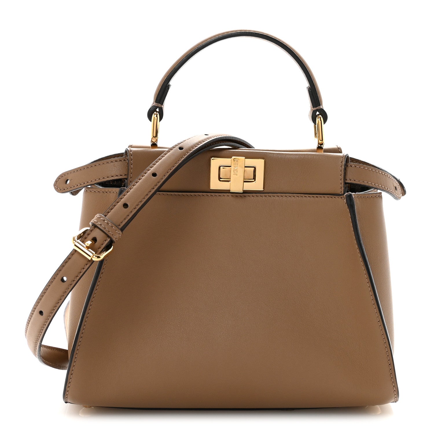 Fendi Vitello Seta Fabric Jacquard FF 1974 Mini Peekaboo Iconic Satchel Sand Tobacco Moro