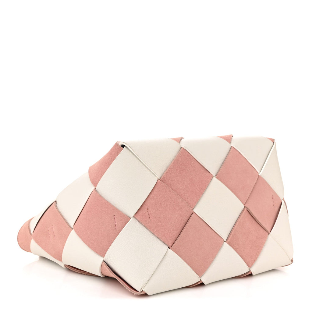 Loewe Calfskin Suede Gingham Woven Basket Bag Soft Pink White