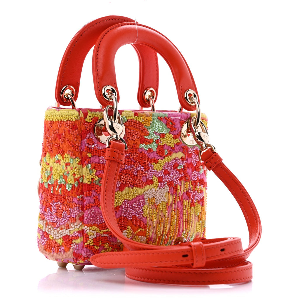 Dior Beaded Embroidery Lambskin Micro Lady Dior Orange Multicolor