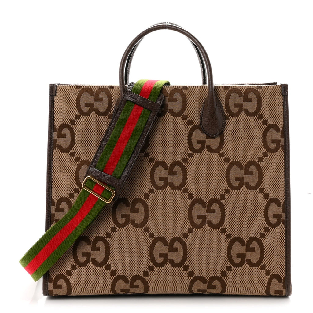 Gucci Monogram Jumbo GG Textured Dollar Calfskin Web Tote Bag Camel Ebony New Acero