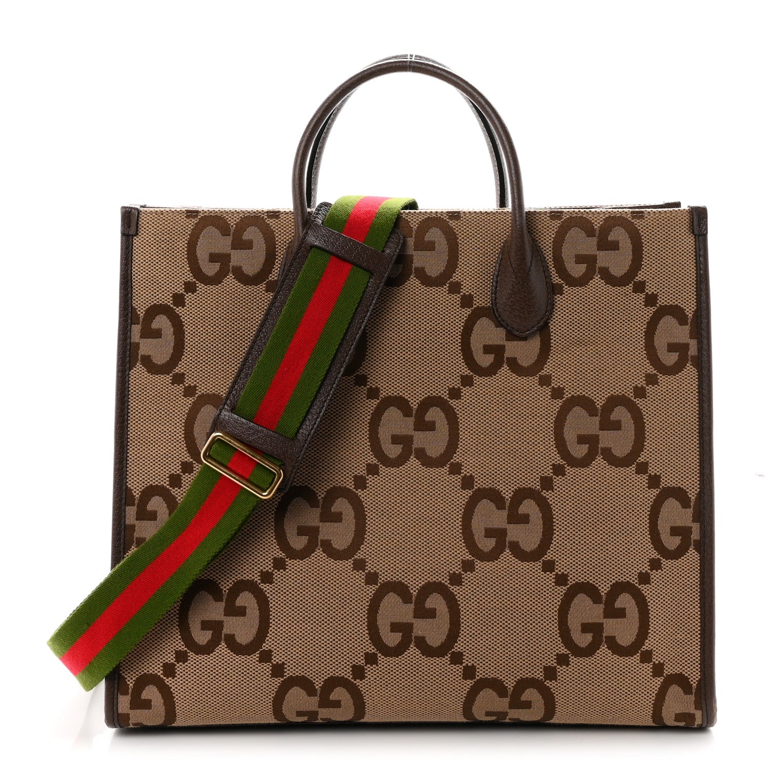 Gucci Monogram Jumbo GG Textured Dollar Calfskin Web Tote Bag Camel Ebony New Acero