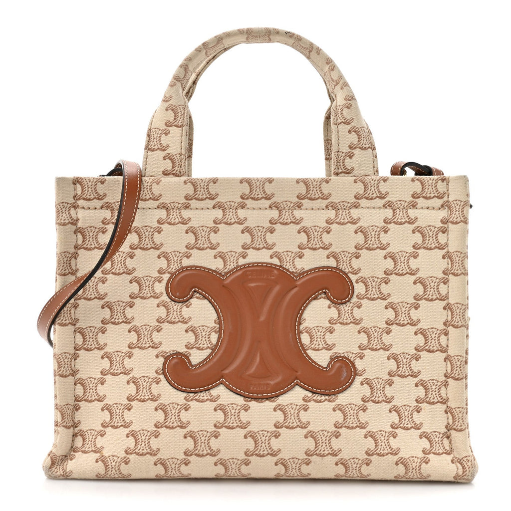 Celine Canvas Calfskin Triomphe Print Small Cabas Thais White