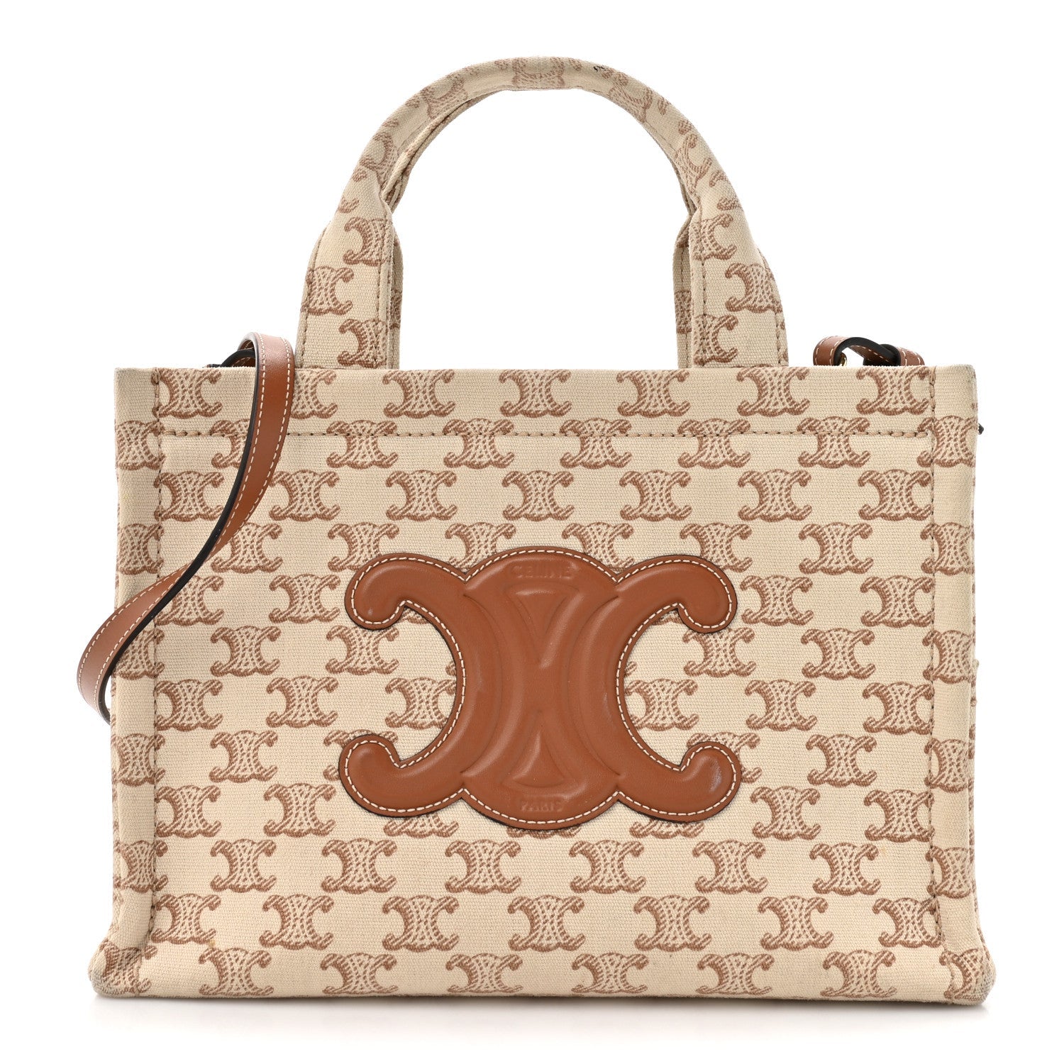 Celine Canvas Calfskin Triomphe Print Small Cabas Thais White