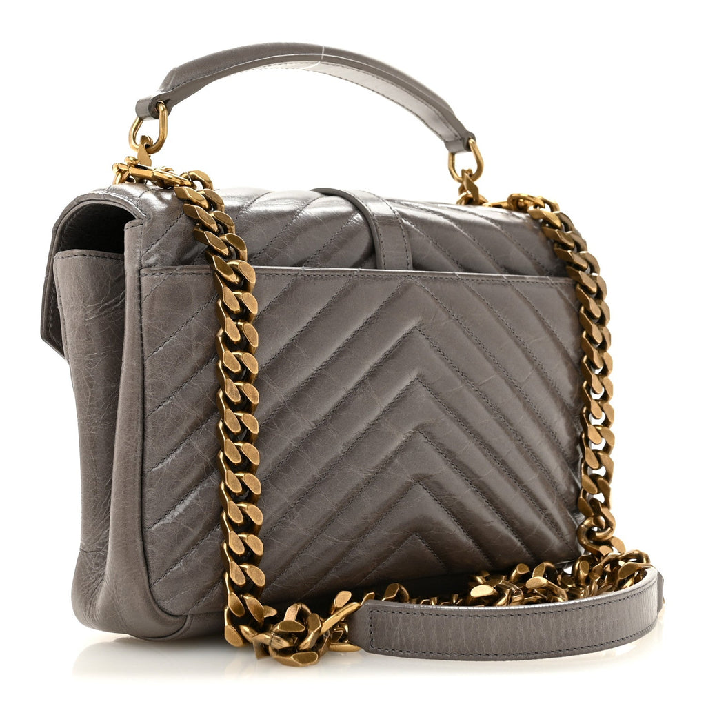 Saint Laurent Waxed Calfskin Matelasse Chevron Medium Monogram College Bag Fog Gray