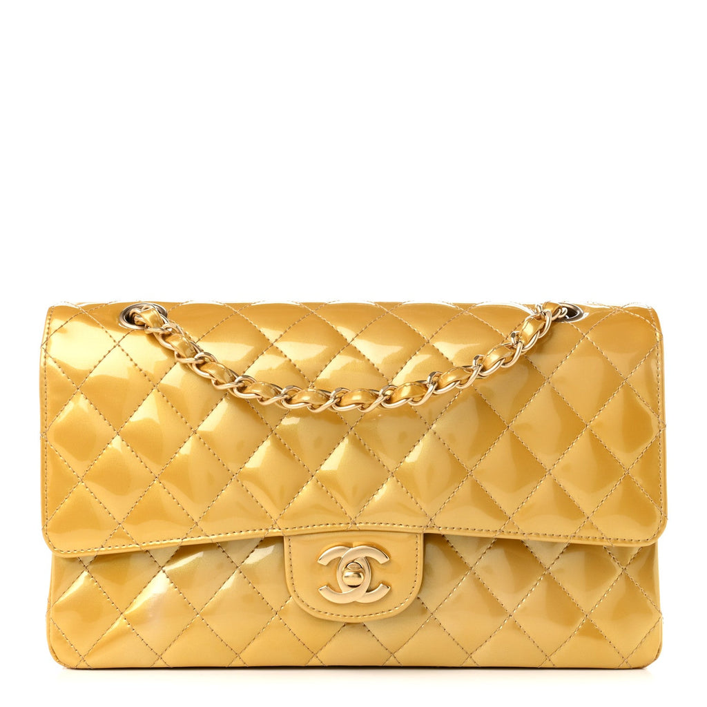 Chanel Metallic Patent Quilted Medium Double Flap Gold