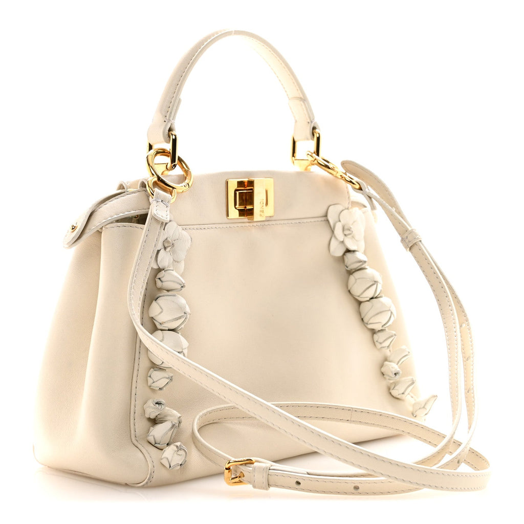 Fendi Nappa Rosebud Mini Peekaboo Iconic Satchel Bianco