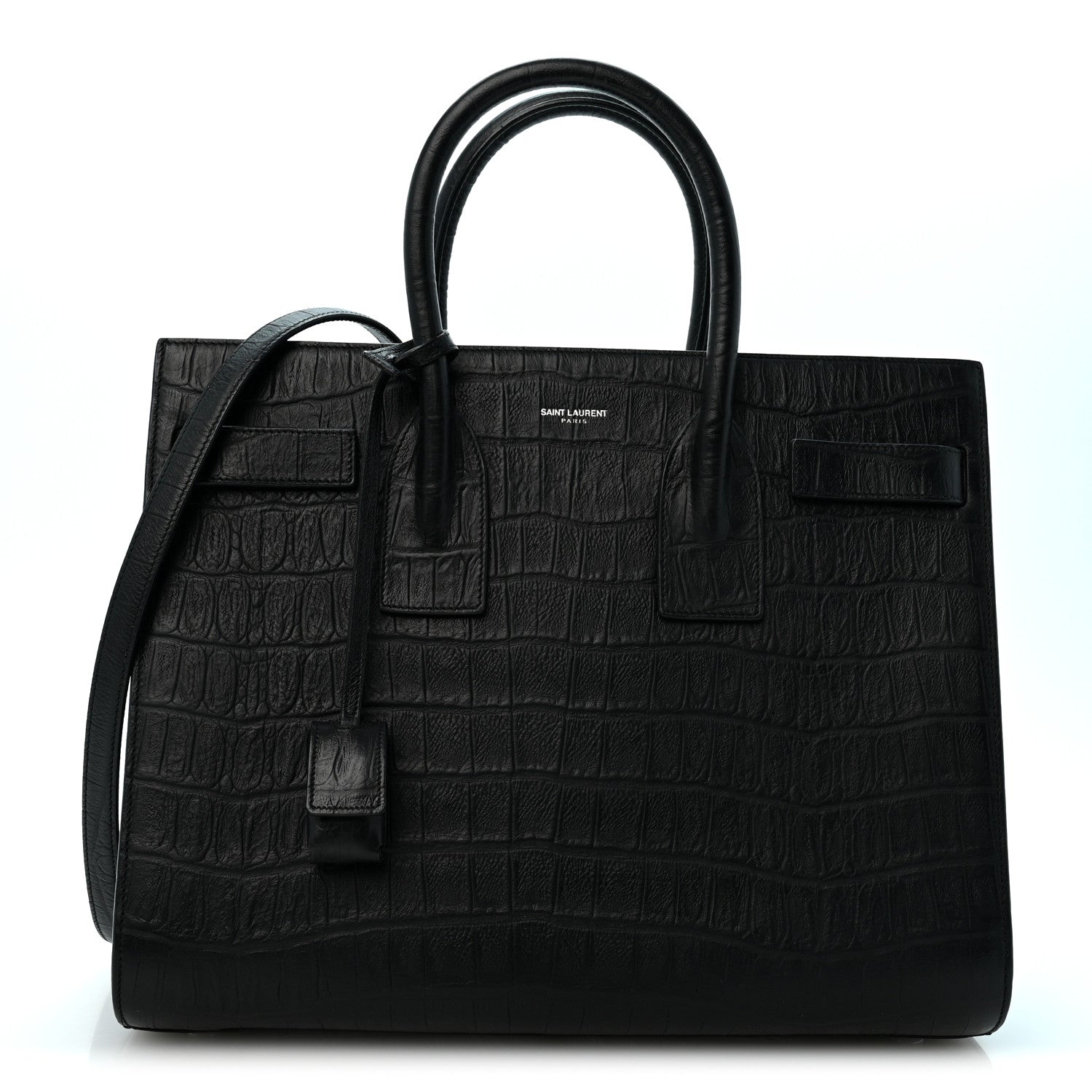Saint Laurent Calfskin Crocodile Embossed Small Sac de Jour Black
