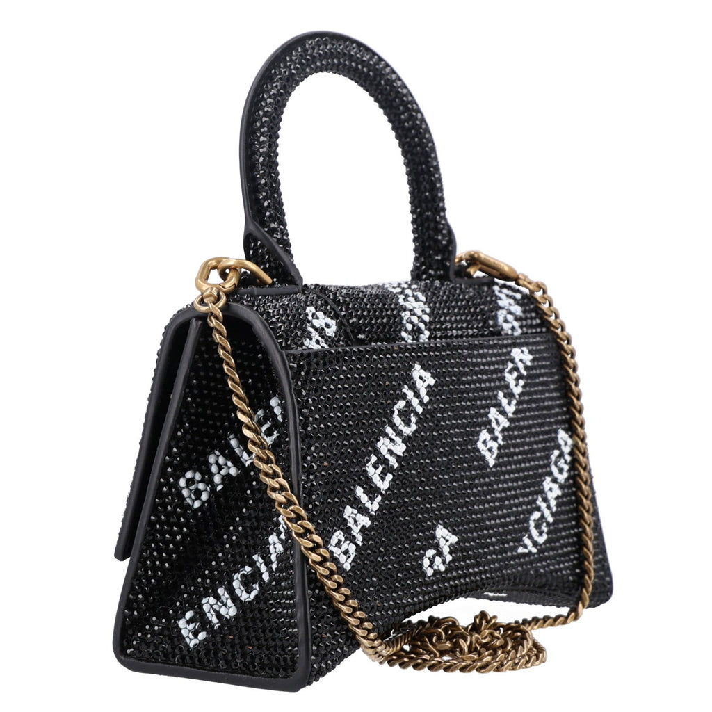 Balenciaga Strass Suede Allover Logo Hourglass Top Handle Bag XS with Chain Black White