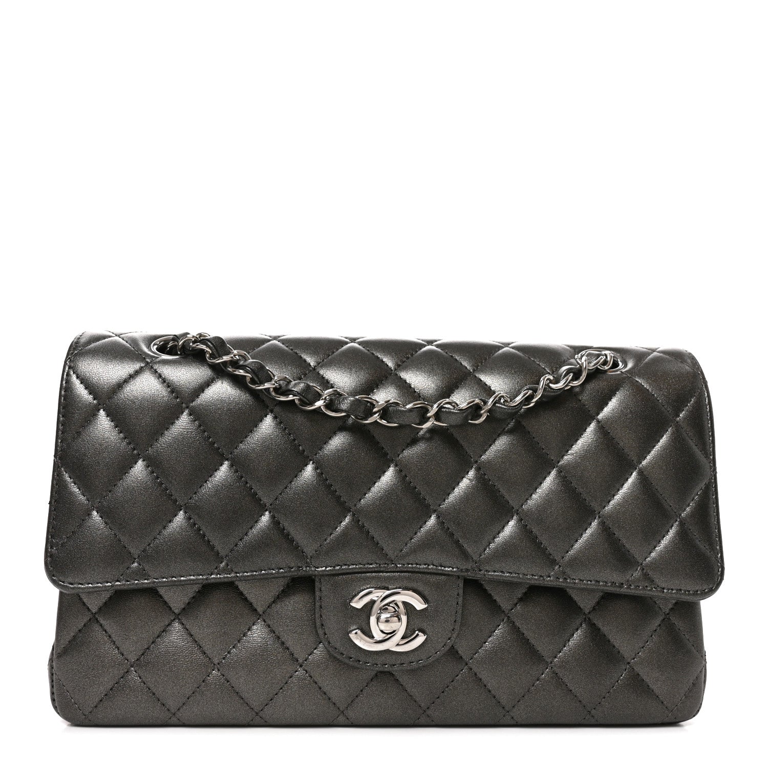Chanel Metallic Lambskin Quilted Medium Double Flap Anthracite