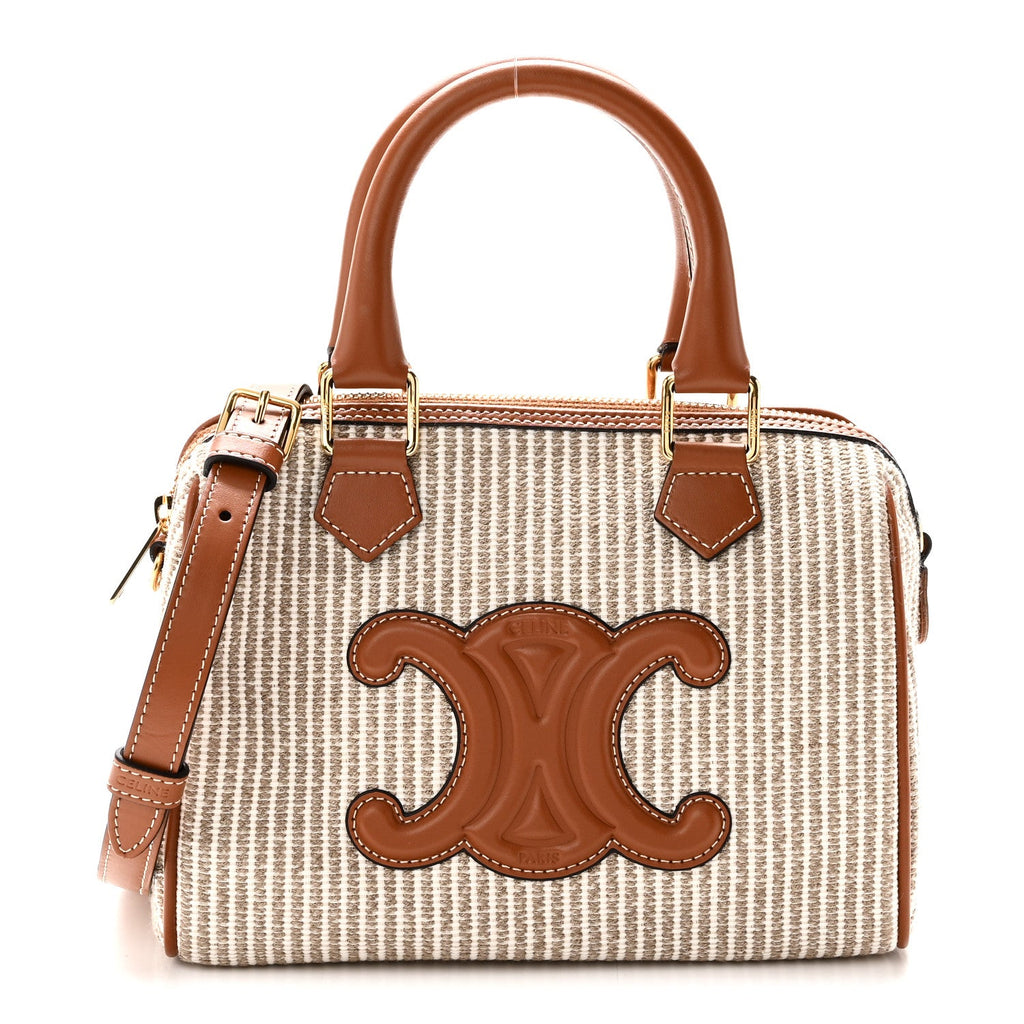 Celine Triomphe Textile Calfskin Striped Small Boston Bag Natural Tan