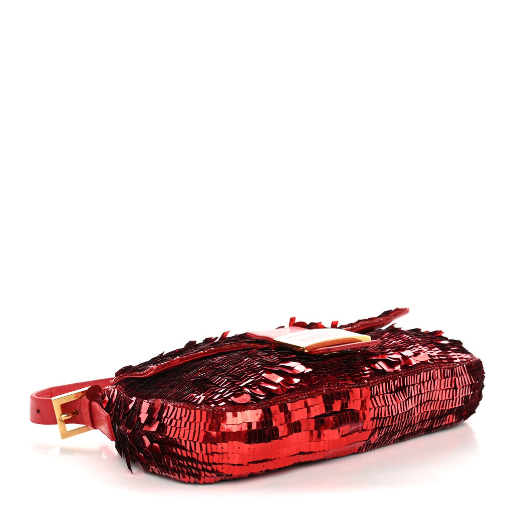 Fendi Sequin Paillettes Enamel Baguette Red