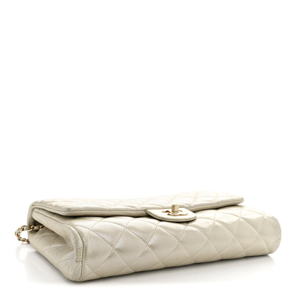 Chanel Iridescent Calfskin Quilted Clutch With Chain Flap Light Gold