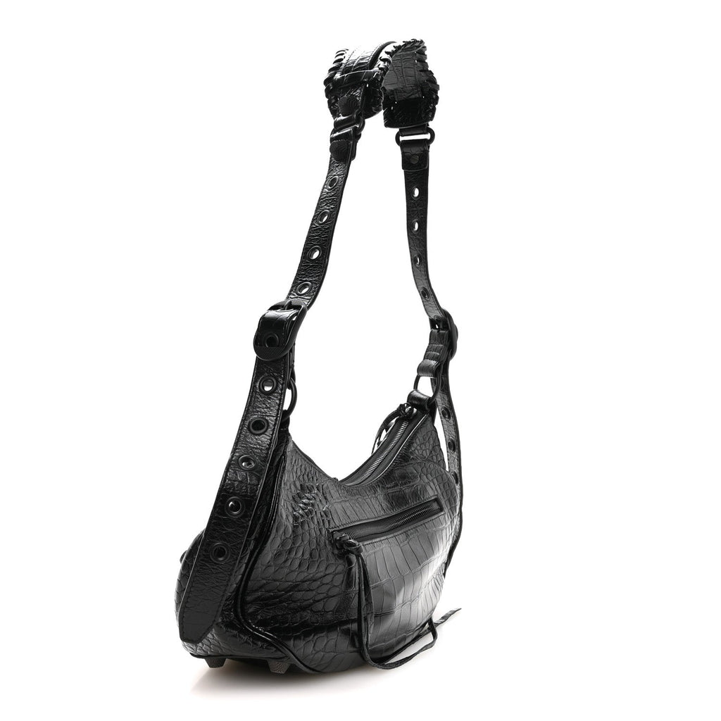 Balenciaga Extra Supple Calfskin Crocodile Embossed Monochrome Small Le Cagole Shoulder Bag Black