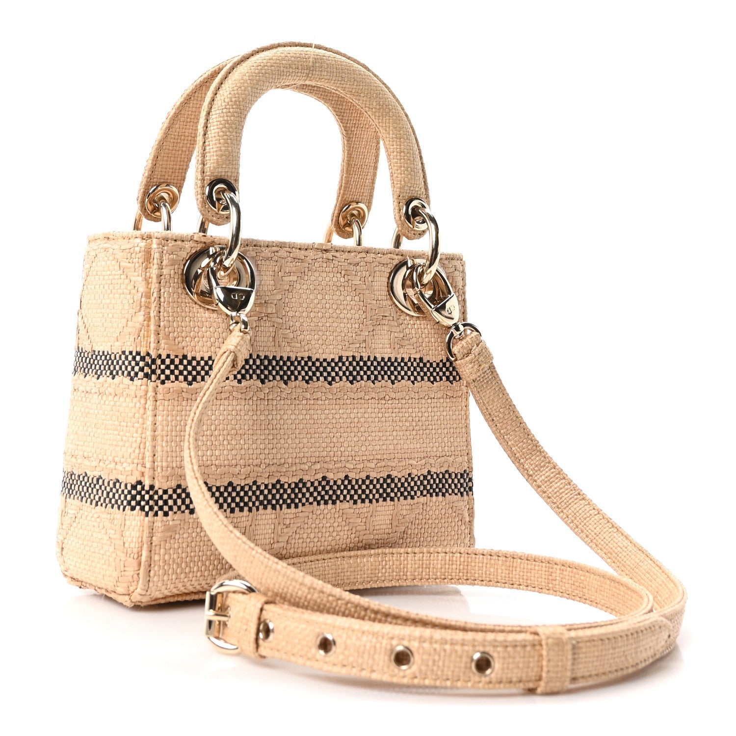 Dior Raffia Woven Cannage Embroidered Mini Lady D-Lite Natural Black