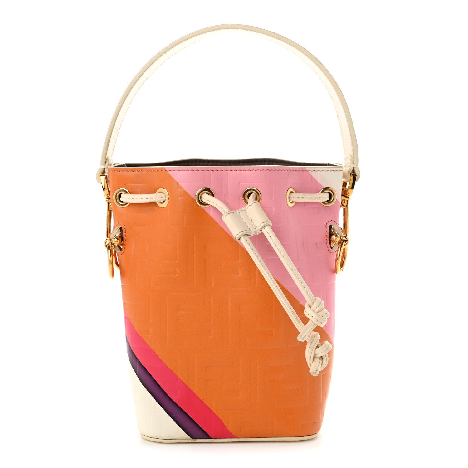 Fendi Vitello King F is Fendi FF Embossed Striped Mini Mon Tresor Bucket Bag Light Rose Multicolor White Ice