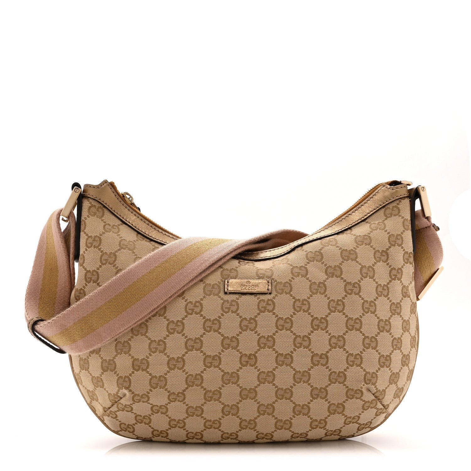 Gucci Monogram Web Medium Half Moon Hobo Gold Pink