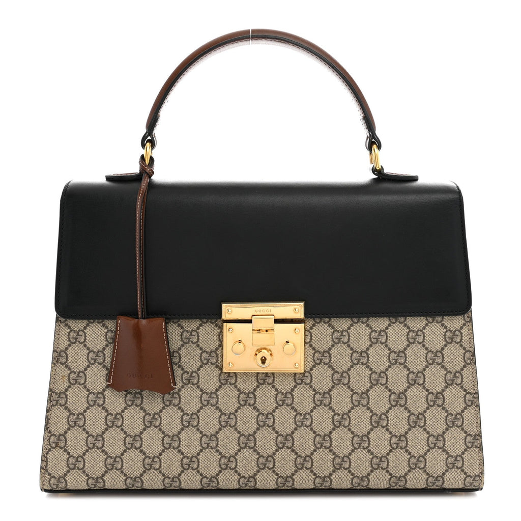 Gucci GG Supreme Monogram Calfskin Medium Padlock Top Handle Bag Beige Black Cuir