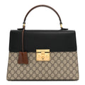 Gucci GG Supreme Monogram Calfskin Medium Padlock Top Handle Bag Beige Black Cuir