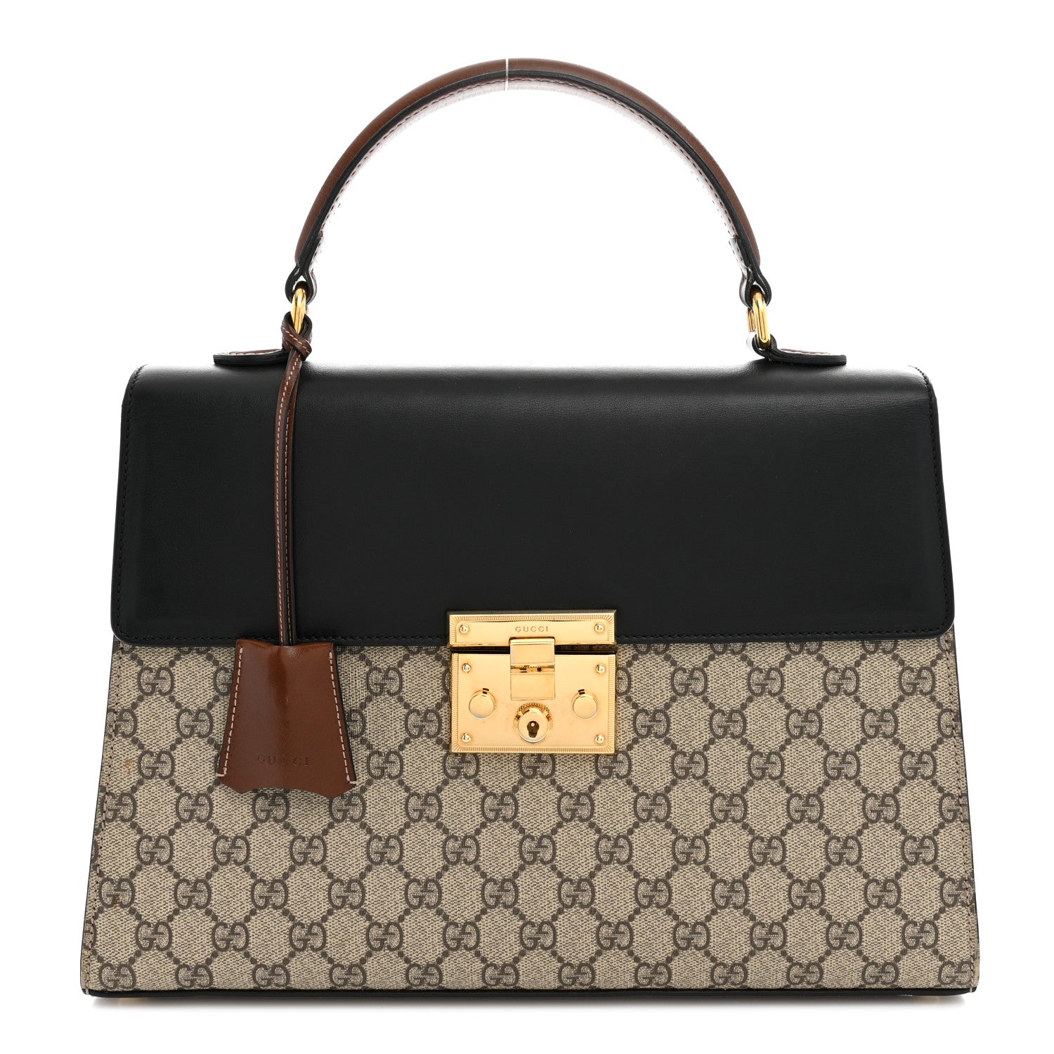 Gucci GG Supreme Monogram Calfskin Medium Padlock Top Handle Bag Beige Black Cuir