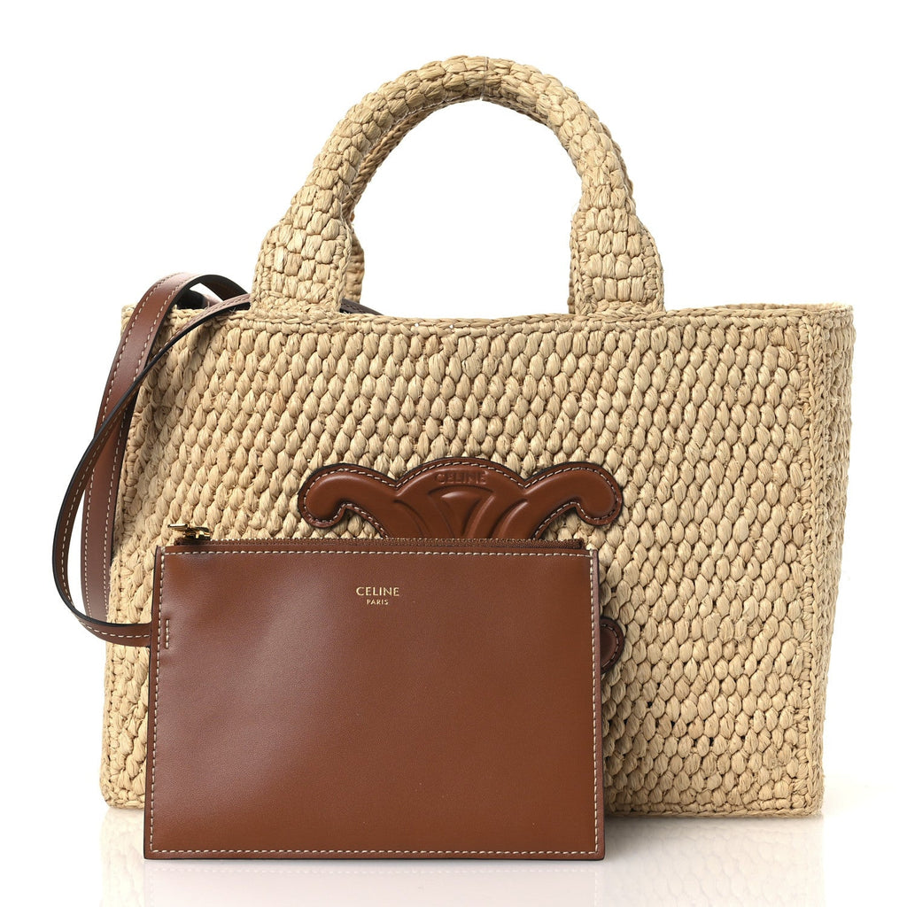 Celine Raffia Calfskin Triomphe Small Cabas Thais Tan