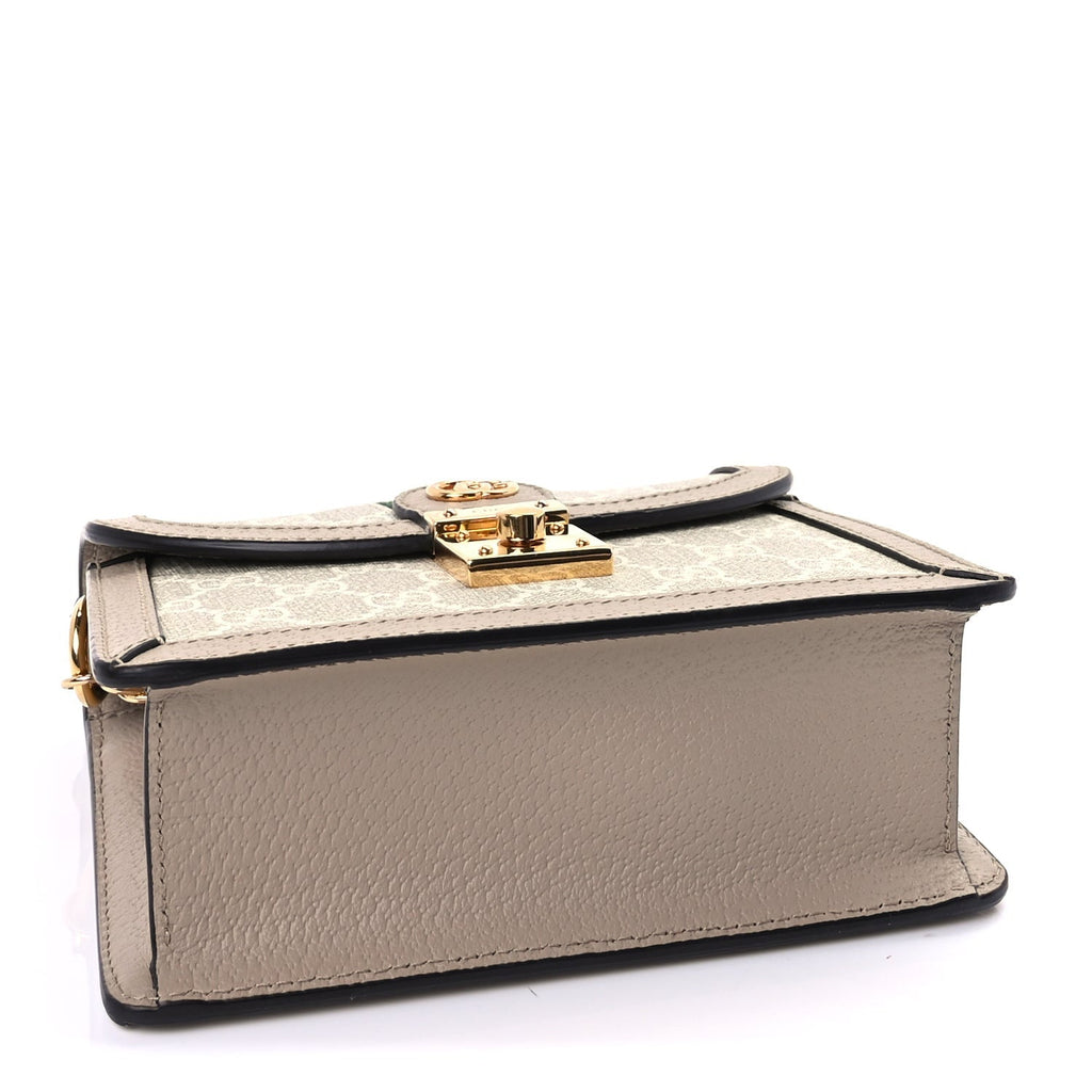 Gucci GG Supreme Monogram Textured Dollar Calfskin Web Mini Ophidia Padlock Top Handle Chain Shoulder Bag Beige Mystic White Oatmeal