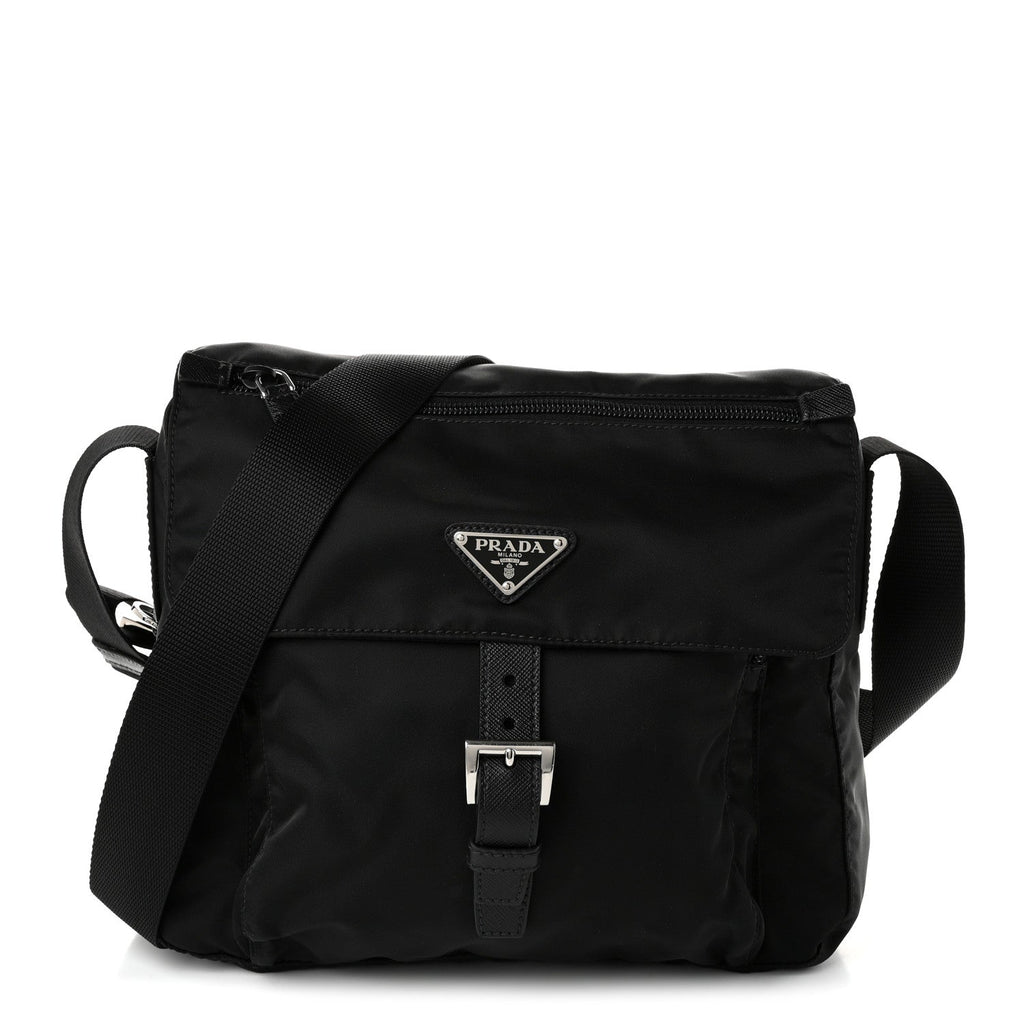 Prada Nylon Vela Saffiano Single Buckle Messenger Shoulder Bag Black