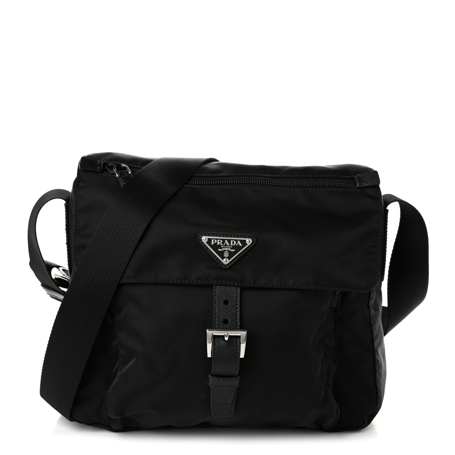 Prada Nylon Vela Saffiano Single Buckle Messenger Shoulder Bag Black