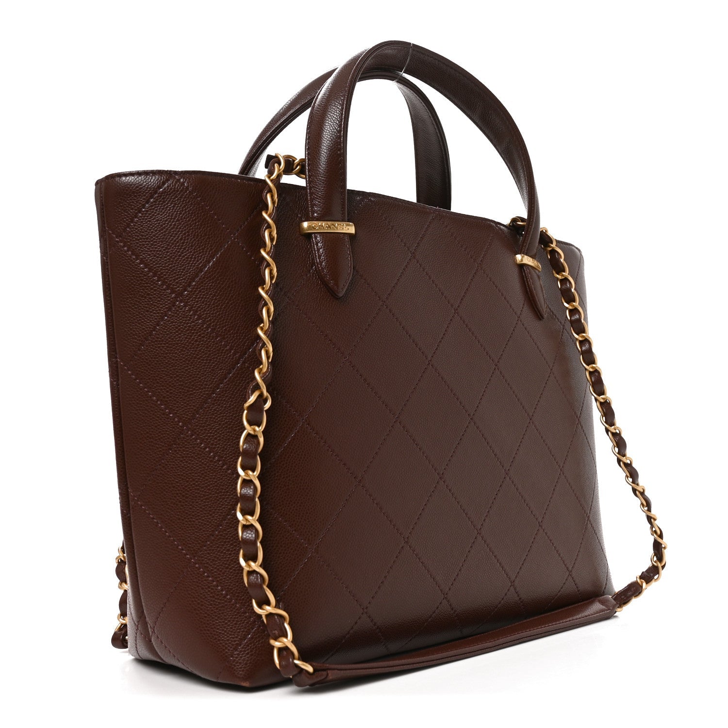 Chanel Grained Calfskin Stitched Small Shopping Tote Dark Brown